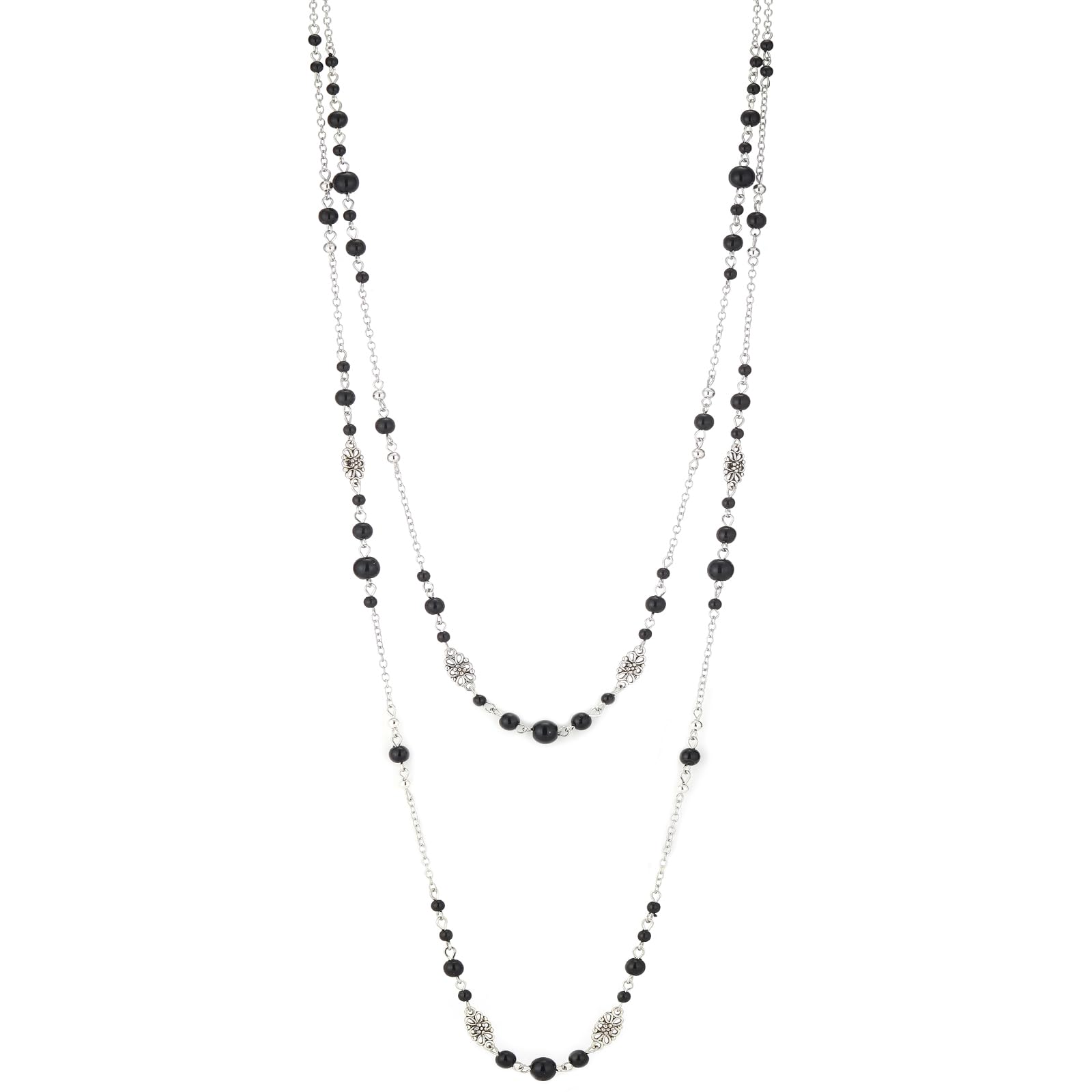 Beaded Long Silver Necklaces for Women Statement Long Necklace Double Chain Costume Jewellery Gifts for Mum