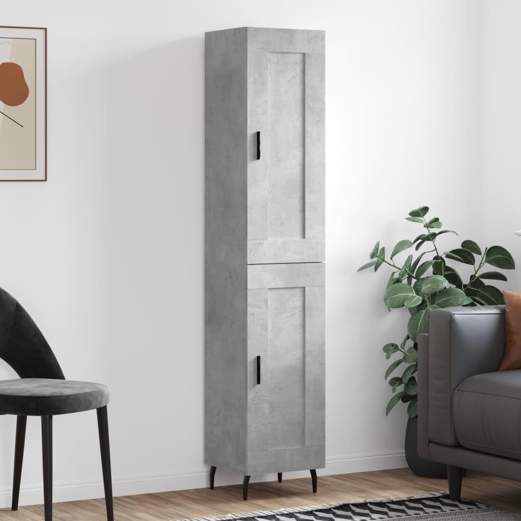Générique Bufet wysoki szary beton 34,5x34x180 cm z drewna inżynieryjnego, wysoka szafka z metalowymi drzwiami i nogami, duża przestrzeń do przechowywania do organizacji codziennych niezbędnych rzeczy