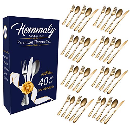 Gold Silverware Set Stainless Steel flatware Dinnerware Set, Gold Colored Tableware Set for 8, 40 piece flatware Set Service for 8, Mirror Finish Gold Cutlery Set (Gold 40)