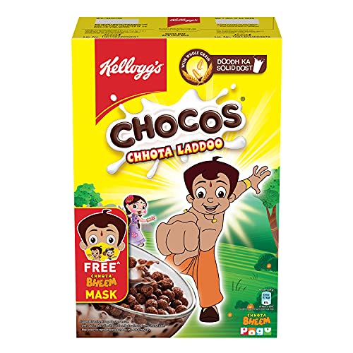 Image of Kelloog's Chocos Chhota Laddoo with Free Mask for Kids | Whole Grain | Source of Fibre | High in Calcium & Protein | with 10 Essential Vitamins & Minerals | Breakfast Cereals | 375g Pack