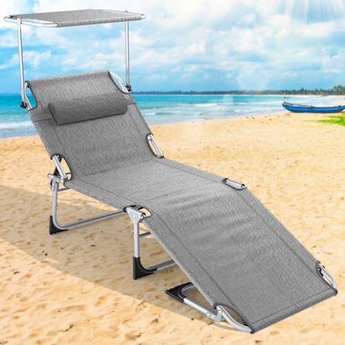 Chaise longue plegable, Bain de Soleil Jardin Exterior,Hamaca de Playa Plegable con Pare Sol,Pochette,Respaldo Inclinable,Sillón Relax, Silla de Camping,Piscina,Terraza, Carga 150KG,Gris Lino