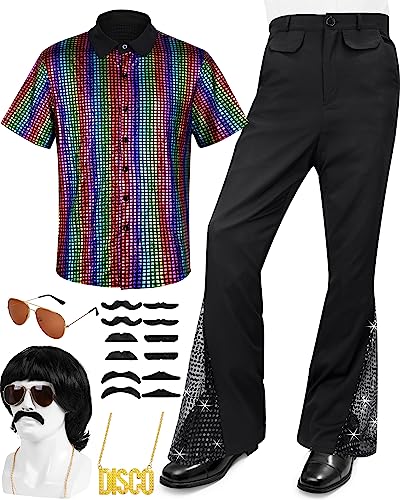 Mepase 6 Pcs Mens 70s Disco Outfit Costume Set Retro Short Sleeve Shirt with Bell Bottom Pants Sunglasses Necklace Wig Cap(Vintage XL)