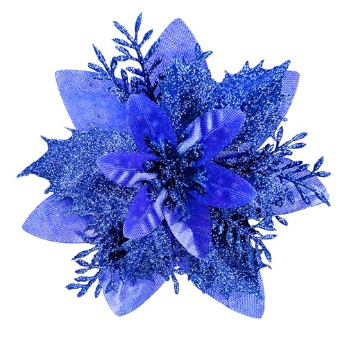 NiidodKatzi 15 Pcs Christmas Flowers Artificial Poinsettia Flower Decorations with Clips and Stems Glitter Christmas Poinsettia Decorations Christmas Tree Ornaments for Party Wreath DIYBlue