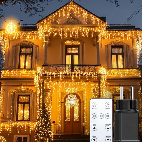 BESCOST Cortina Luces Navidad Exterior 10M, 400LED Cadena de Luces, Guirnalda Luces de Cascada Prolongable, Función de Memoria, Temporizador, Decoración para Navidad, Fiesta, Boda