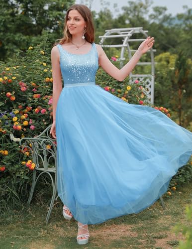 Image of BeryLove Sequin Dress for Woman Vintage A Line Wedding Formal Swing Mesh Dress Sleeveless Cocktail Maxi Gowns