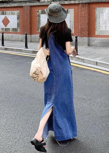Image of chouyatou Women's Adjustable Strap Distressed Denim Overall Dress A-Line Back Split Pinafore Bib Jean Dress