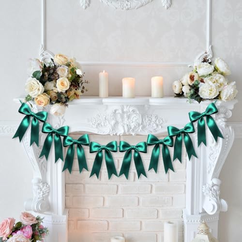 Image of 2 Strings of 16PCS Dark Green Bow Garlands Banner Decoration,Pre-Strung Satin Ribbon Ornaments for Birthday,Bachelorette Party,Bridal Shower,Wedding,Engagement,Baby Shower,Graduation Decor,Anniversary