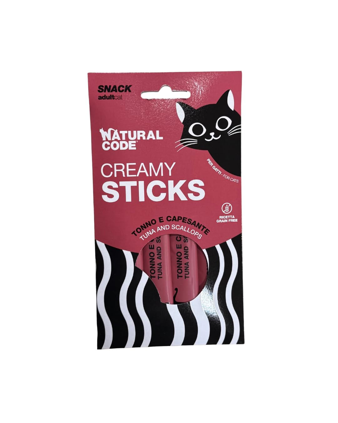 NATURAL CODE Gatto Snack Creamy Sticks gusto Tonno e Capesante | alimento complementare per gatti di tutte le taglie e razze, 4 tubetti di mousse a confezione, Grain Free, 3 confezioni da 56 grammi.
