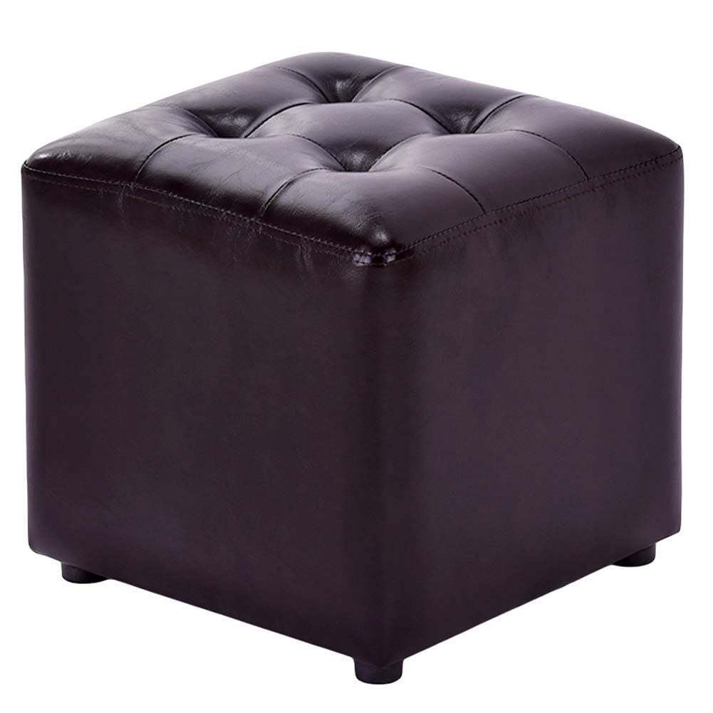 Pouf cube rembourré en cuir marron avec assise bois massif