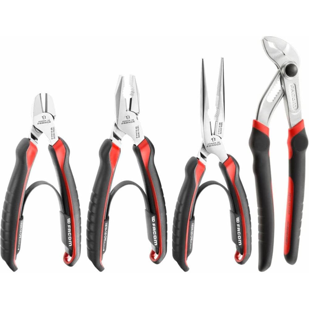 Facom CPE.A1PB - Set Di 4 Pinze Multipresa Con Bloccaggio, Tagliente, A Becchi Semitondi - 4
