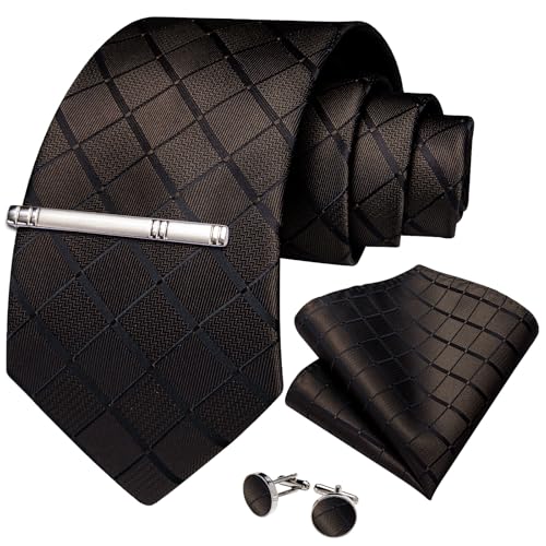 Image of DiBanGu Mens Silk Plaid Tie and Pocket Square Set | Elegant Silk Formal Tie Set, Woven Check Necktie and Cufflinks Tie Clip Set, Perfect for Wedding Party, Comes in Gift Box