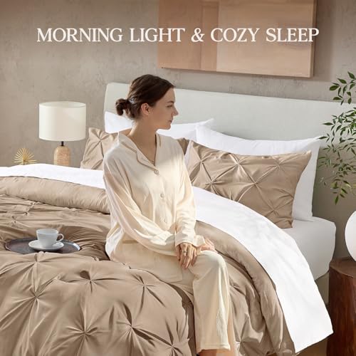 Image of Andency Full Pinch Pleat Comforter Set (79 inchx90 inch),3 Piece Lightweight Pintuck Bedding Comforters & Sets, Fluffy Down Alternative Comforter with 2 Pillow Shams for All Season,Taupe