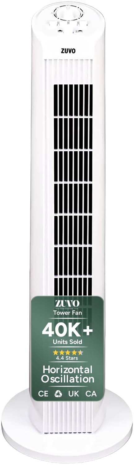 Zuvo 30" Tower Fan for Bedroom | Quiet Bladeless Oscillating Standing Fan, 3 Speeds, 90° Wide Oscillation, 2-Hour Timer | Home, Living Room & Office | White