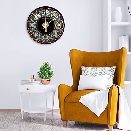 Decorative Silent No Ticking Wall Clock Priest Ordination Anniversary Stained Glass Cross Round Modern Wooden Clocks For Bedroom Living Room Home Office School Wall Art Decor, 15 Inches #TOP4