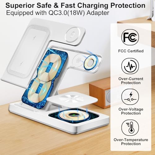 Image of Wireless Charger, 3 in 1 Charging Station for Multiple Devices, Wireless Charging Stand for iPhone 8-17 Series,iWatch 2-10 Series /Ultra /SE,AirPods4 /3 /2 /Pro(White)