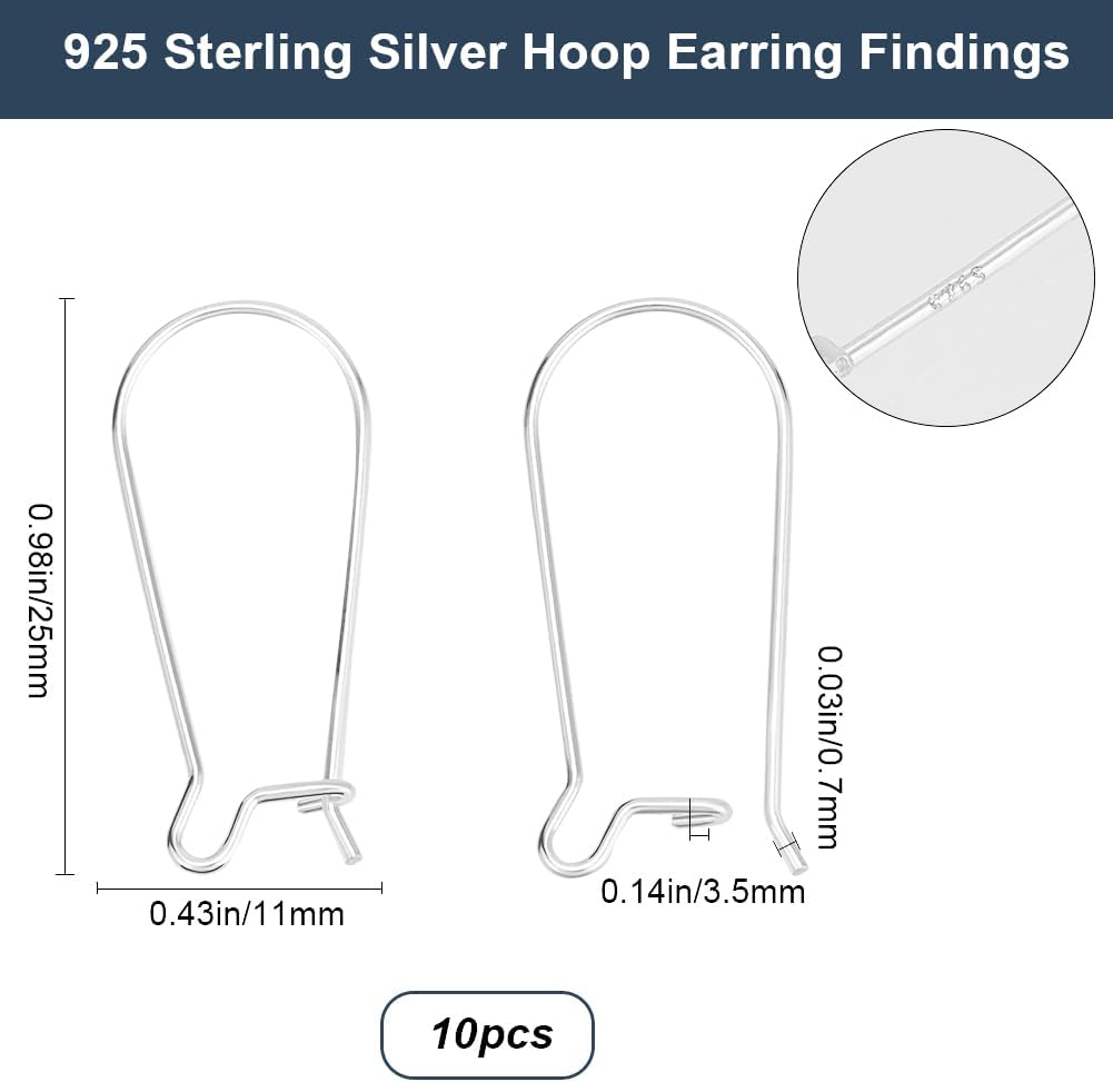 Beebeecraft 1 Box 10Pcs Earring Hooks 925 Sterling Silver Hypoallergenic Ear Wires Kidney Earring Hooks for DIY Dangle Earring Findings (21 Gauge)