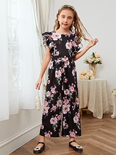 Wdirara Girl's Polka Dots Ruffle Trim Cap Sleeve Round Neck Wide Leg Jumpsuit Black Floral 9Y #TOP3