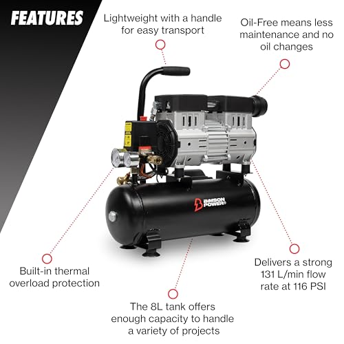 Bimson Power Air Compressor 8 Litre, Low Noise, 116 PSI, Oil Free Air Compressor, 131L/min, Portable, Lightweight, No Overheating,230V, 2 Year Warranty, Ideal for DIY, Workshop, Tradespeople 2 Bimson Power Air Compressor 8 Litre, Low Noise, 116 PSI, Oil Free Air Compressor, 131L/min, Portable, Lightweight, No Overheating,230V, 2 Year Warranty, Ideal for DIY, Workshop, Tradespeople - Image 2