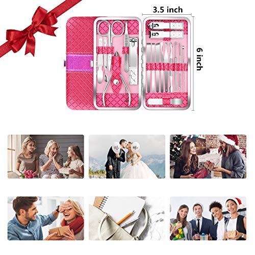 Nail Clippers Set 18PCS Manicure Set Manicure & Pedicure Tools Professional Nails Includes Scissor Tweezer Knife Ear Pick Cuticle Remover Tools - Nail Care Tools with Travel Case (pink)