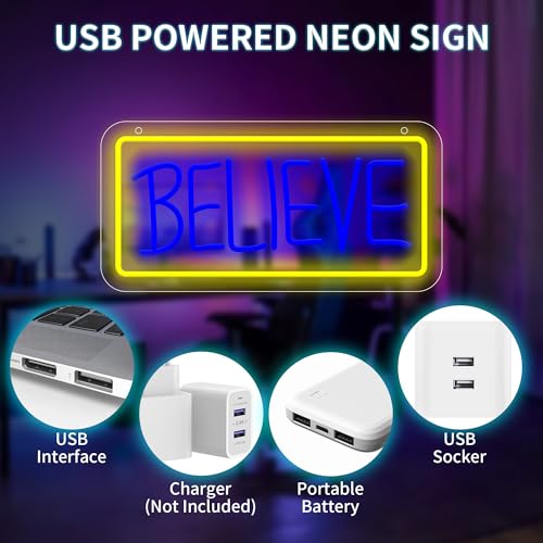 Image of Ted Believe Lasso Neon Sign, LED Believe Neon Light Sign for Wall Decor, Inspirational Word Neon Signs for Home Office, Study Room, Classroom, Motivation Wall Decoration