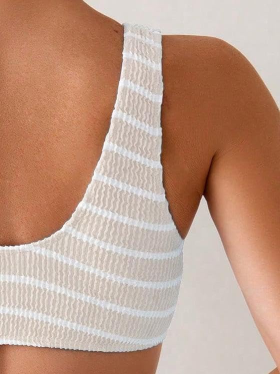 Women's High Waisted Bikini Striped Ring Ribbed Two Piece Sets Swimsuit Summer Beach Outfits Swimwear Blue Striped - Image 6