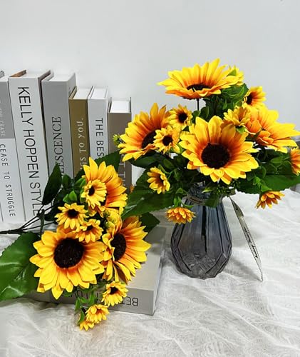 Image of Sunflower Artificial Flowers Bunch, Artificial Flowers for Vase Long Stem, Home Decor Wedding Party Office Decoration, Flower Vase