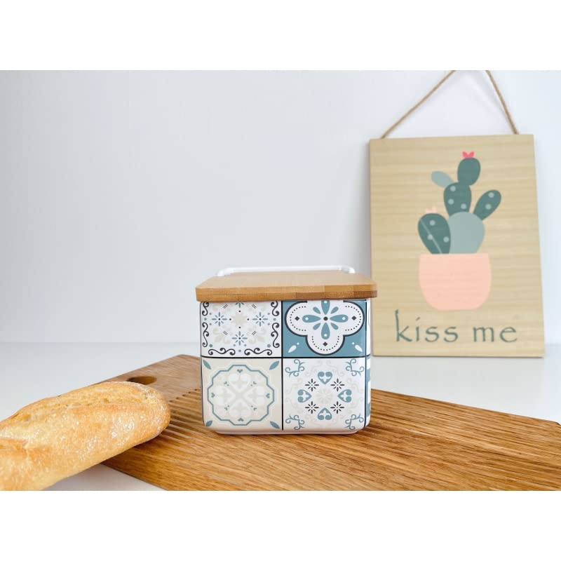 D,casa Salero de Cocina de Cerámica con Tapa de Madera Diseños Originales Mosaico Bicolor - Color Mint