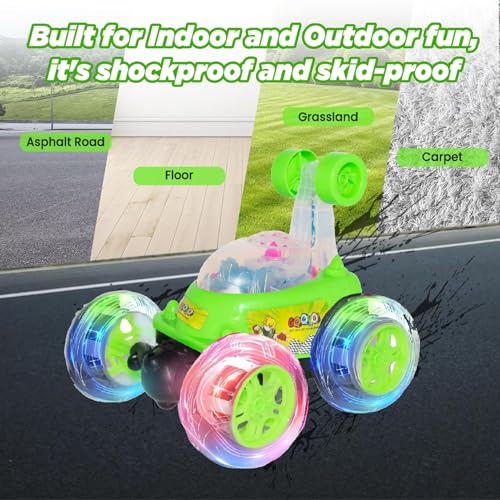 Image of Pink 360 Rotating Stunt Car Toy for Kids - LED Light Up Off-Road RC Vehicle with Flip & Spin Action, Rechargeable Electric Remote Control Car for Girls, Boys, Toddlers (RC 360 (Green))