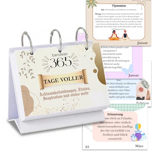 bandeax Achtsamkeitskalender 2026 365 Tage Inspiration & Motivation Ringbuch-Tischkalender wiederverwendbar mit täglichen Sprüchen Übungen & Tipps Tageskalender mit Notizseiten