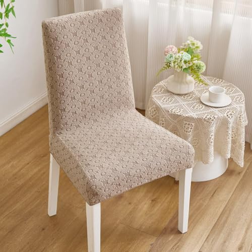 Image of HOMETHREADS Elastic Jacquard Chair Cover Stretch Removable Washable Short Dining Chair Cover Protector Seat Slipcover (D.Khaki, Pack of 2)