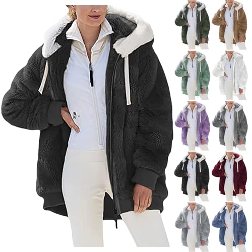 Sherpa Jackets for Women 2025 Winter Warm Thick Fuzzy Fleece Hooded Coat Color Block Faux Fur Outwear with Pockets