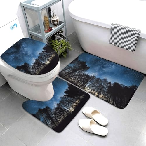 Dwrepo Night Sky Print Bathroom Rug Set 3 Piece with Non-Slip U-Shaped Contour Mat and Toilet Lid Cover for Bathroom Decoration
