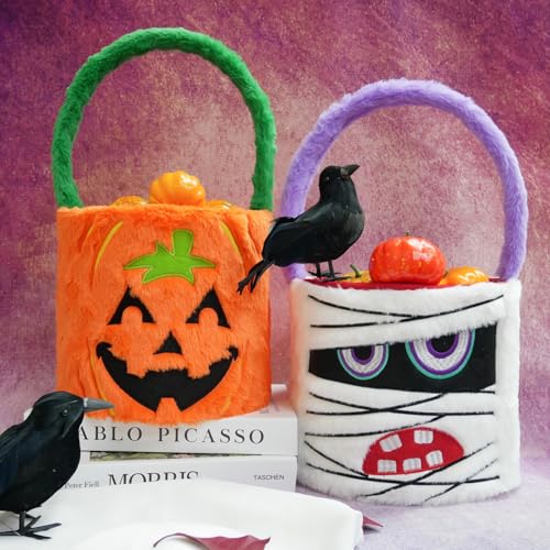 Image of Dia 7.9 inch * H 15.7 inch, Plush Halloween Baskets Trick or Treat Bags Halloween Candy Bucket, Gift Bucket for Party Favor Supplies (2Pcs-Pumpkin&Mummy)