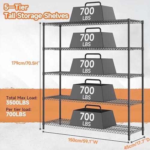 Image of M MZG 3500LBS 59 inch W 5 Tiers Storage Shelves, Metal Shelving Wire Metal Shelving Unit Shelves for Storage Adjustable Garage Shelving for Pantry Kitchen Garage Black 17.7 inch D x 59.1 inch W x 70.4 inch H