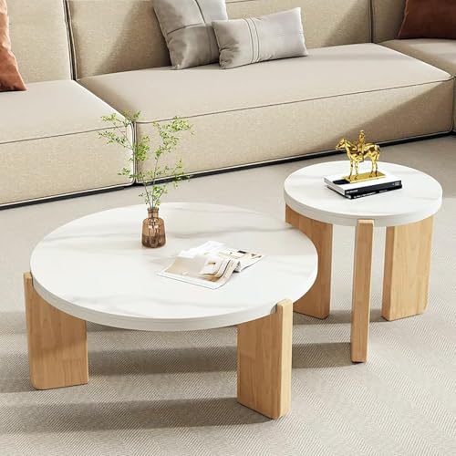 HFVUYAR Mesa de Centro Redonda Color Blanco Crema, Bonita Mesa de Centro Redonda, Juego de 2 mesas auxiliares, Moderna Mesa de Centro de Madera Maciza, Mesa Auxiliar Circular Central para Sala de es
