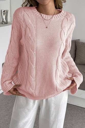 Image of Cakulo Womens Oversized Pullover Sweaters Bell Sleeve Chunky Cable Knit Sweater Crewneck Trendy Knitted Tops 2025 Pink M