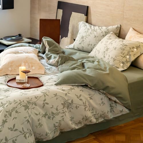VM VOUGEMARKET Botanical Leaves Duvet Cover Set King Linen Cotton Bedding Set,3D Jacquard Yarn-Dyed Textured Comforter Cover with Button Closure-104 x90,Sage Green