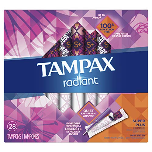 Tampax Radiant Plastic Tampons, Regular Absorbency, Unscented, 28 Count (Packaging May Vary)