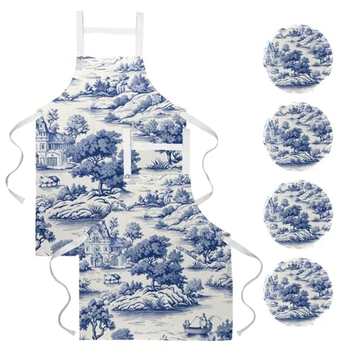 Tablier de cuisine rétro en toile blanche et bleue grand format avec poches
