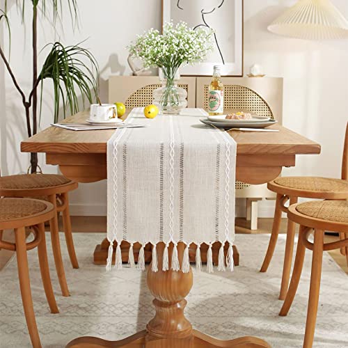 Wracra Rustic Hemstitch Table Runner, Linen Farmhouse Table Runners 72 Inches Long With Tassels For Dining Kitchen Coffee Table Decor, Party And Dresser Decor, Ivory 72" #TOP5