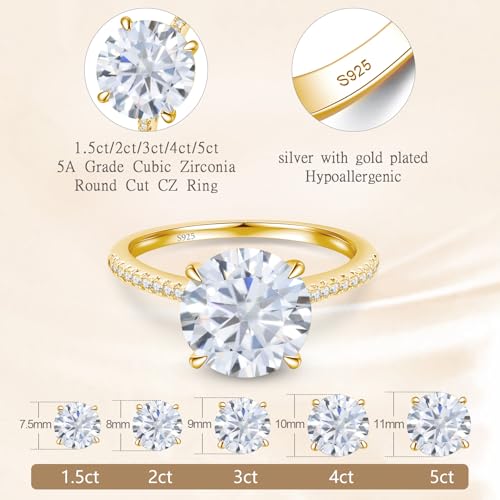 2CT CZ Round Cut Engagement Rings for Women,Women’s 925 Sterling Silver Solitaire Wedding Bands Engagement Promise Rings for Her with 18K Yellow Gold Plated Size 62
