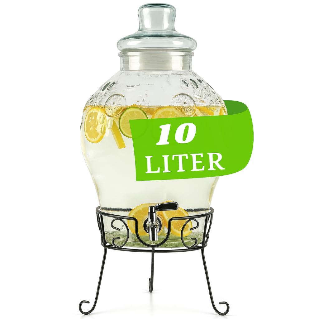 Monster24 10 Liter Getränkespender mit tropfsicherem Zapfhahn aus Edelstahl – Wasserspender, Bowle-Gefäß aus Glas mit stabilem Metallständer und Glasdeckel – BPA-freier Limonadenspender