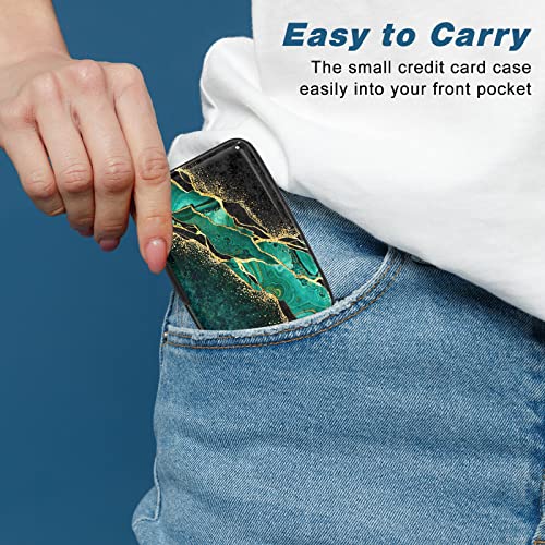Image of Credit Card Holder, Mini Aluminum Card Wallet RFID Blocking Slim Metal Hard Card Case for Women Men, Green Black Marble