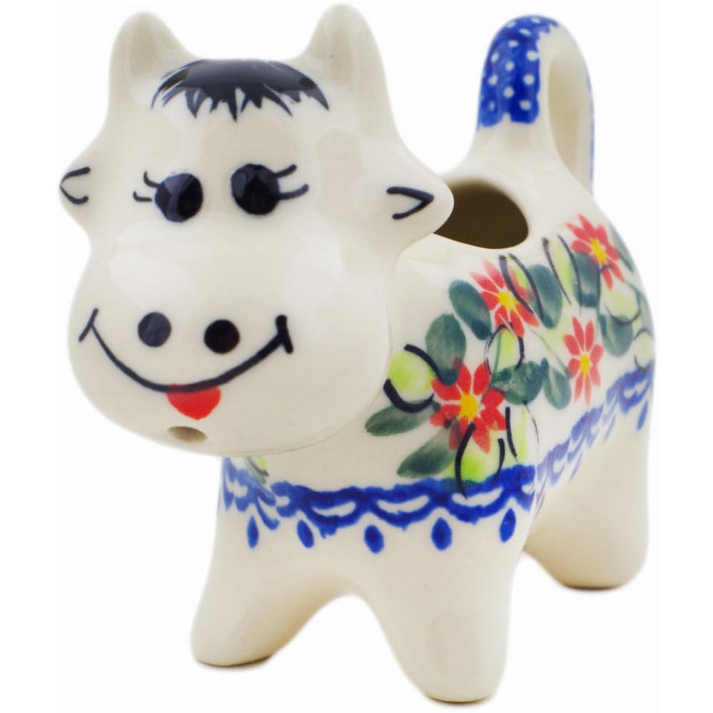 Authentic Polish Pottery Cow Shaped Creamer in Elegant Garland Design Handmade in Boles?awiec Poland by Ceramika Bona + Certificate of Authenticity