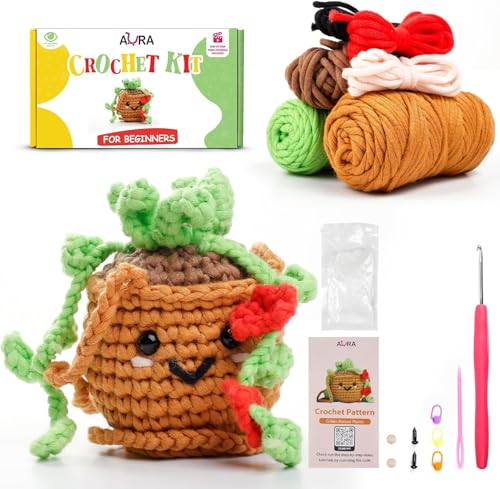 Image of A-URA Learn to Crochet Kit for Beginners Kids and Adults, Premium Pattern Sunflower Beginner Crochet Kits with Easy Tube Yarn & Step-by-Step Video Tutorials (Hanging Pot Plant)