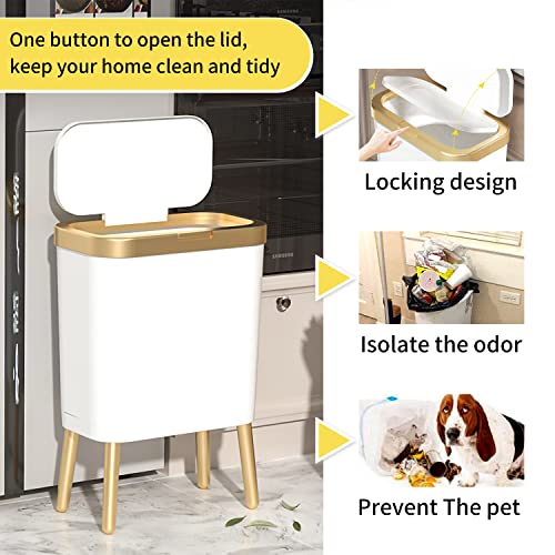 Trash Can With Lid, Plastic Garbage Can With Push Button, Narrow Modern Waste Basket For Kitchen, Slim Dogproof Bedroom Garbage Bin , 15L Bathroom Trash Can For Home, Living Room, Toilet, Office (White) #TOP2