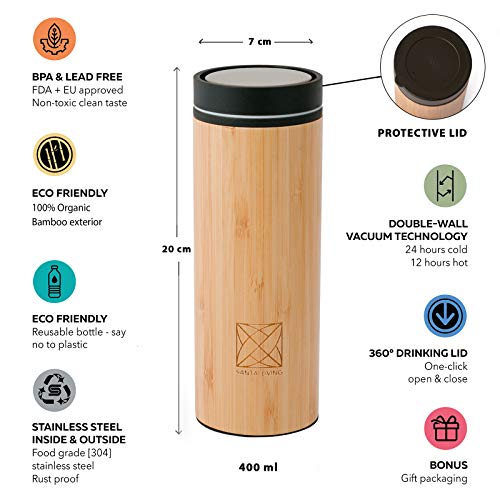 Santai Living Click Open Vacuum Insulated Travel Mug - Bamboo & Double Walled Stainless Steel Thermo Flask 14Oz/400Ml #TOP1