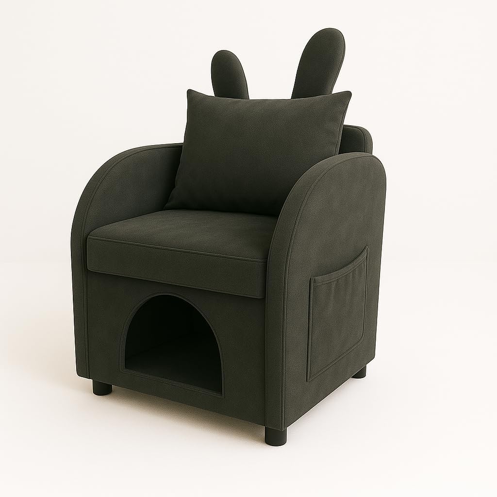 Dark Gray Bunny Ear Pet Friendly Armchair with Built in Cat Dog Hideaway, Cozy Dual Use Sofa Chair with Side Pocket, Upholstered Single Sofa Chair for Living Room Bedroom Office