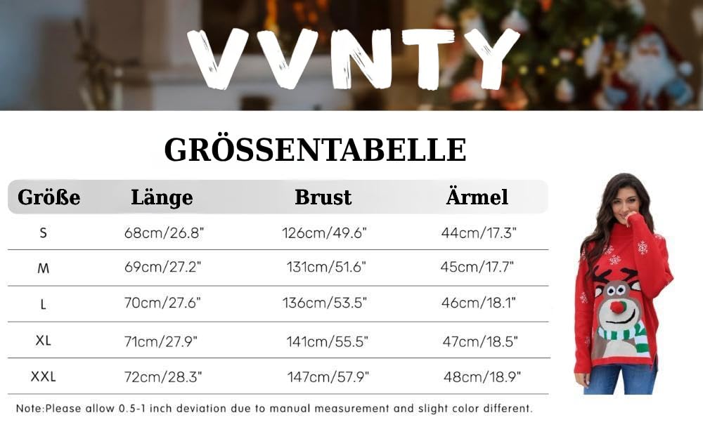 VVNTY Pull de Noël pour femme avec inscription « Merry Christmas » - Col roulé - Manches longues