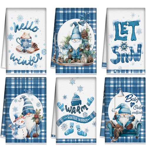 Hosuly 6 Pcs Winter Kitchen Towels Hello Winter Blue Plaid Hand Towels Snowflakes Gnome Let Snow Warm Dish Towels Farmhouse Winter Decorative Tea Towels Housewarming Gifts for Kitchen Holiday